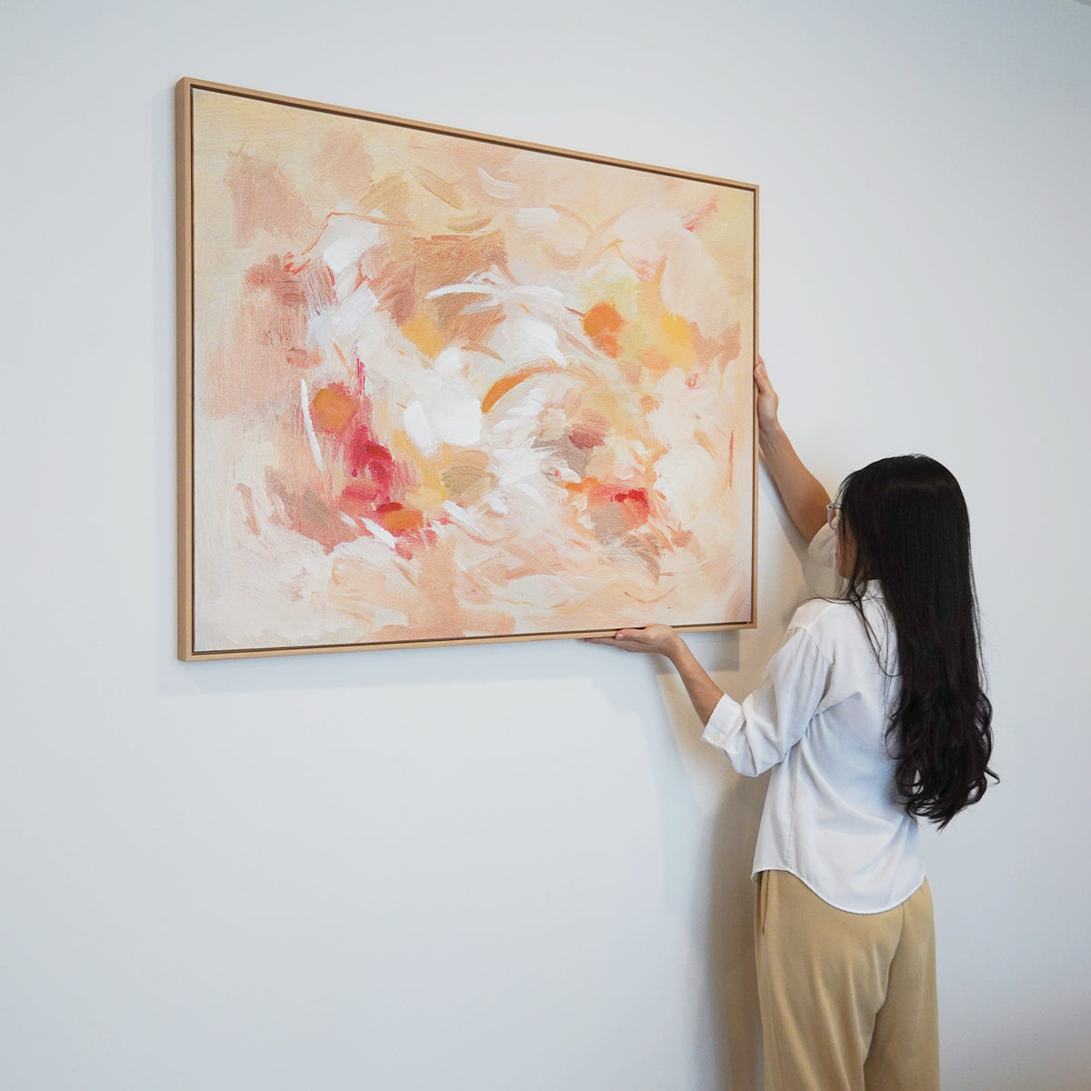 Woman hanging pink abstract textured wall art affordable oil painting framed landscape