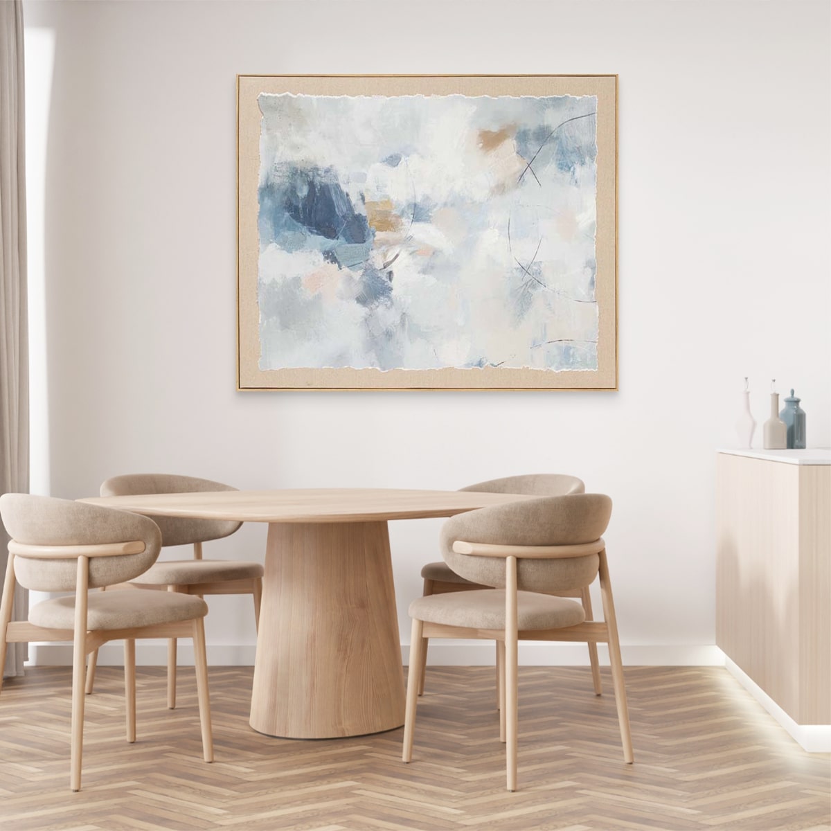 Dining room with wooden table and chairs, with Lifted Light watercolour abstract painting on the wall.