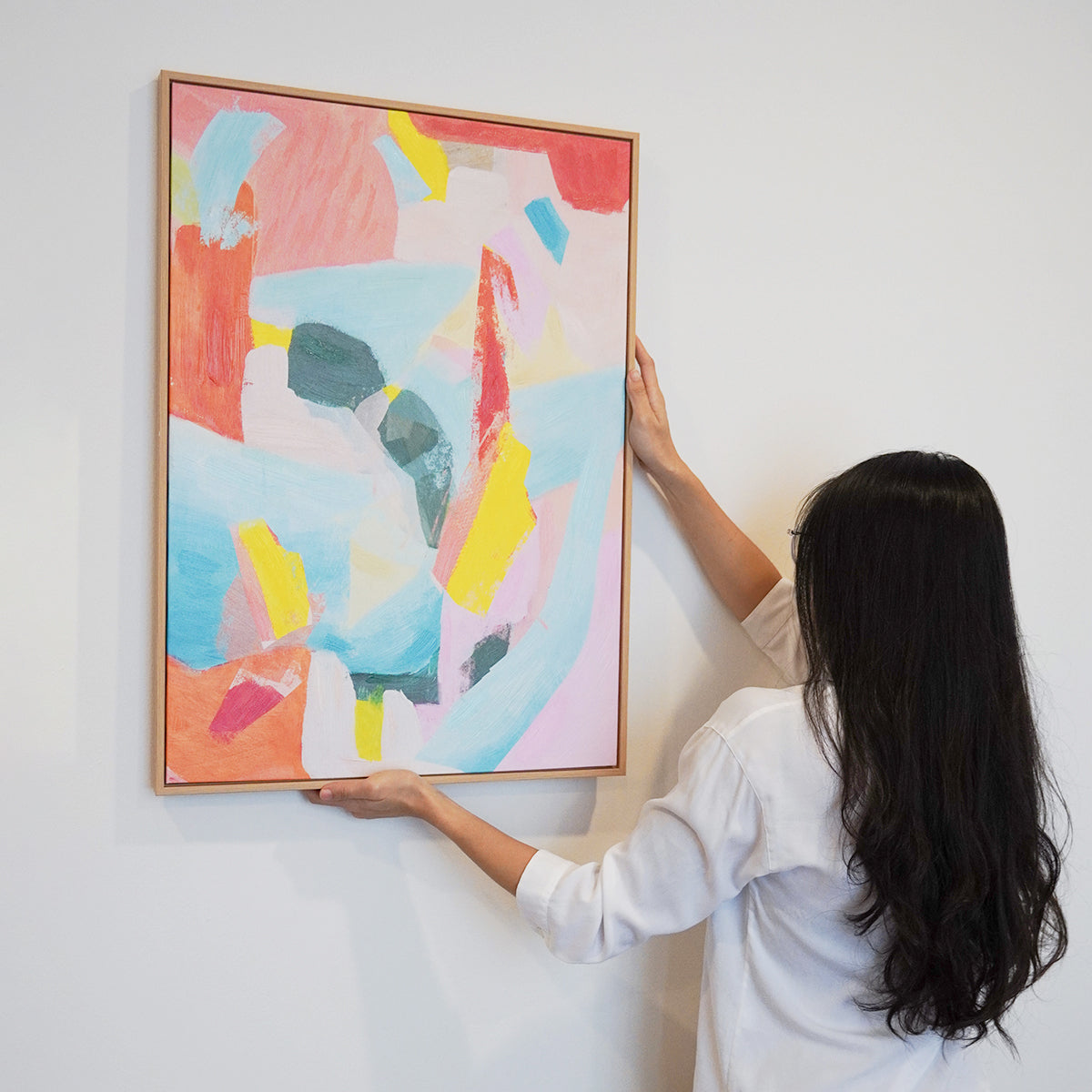woman hanging Abstract textured wall art affordable oil painting colourful summer pink portrait