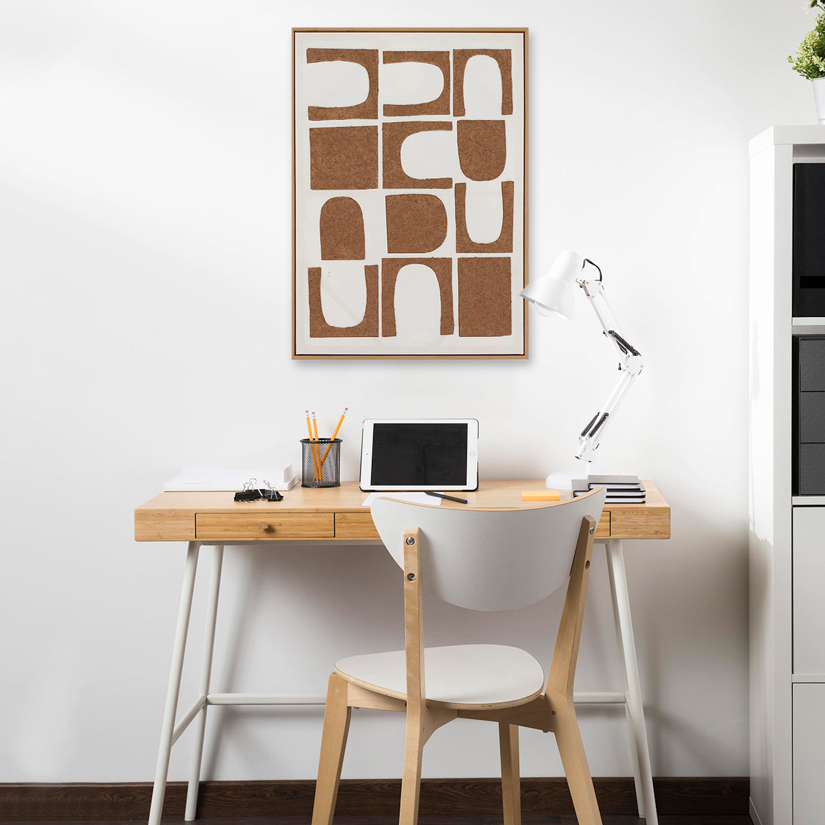 Abstract textured wall art affordable oil painting framed brown shapes portrait in study room office