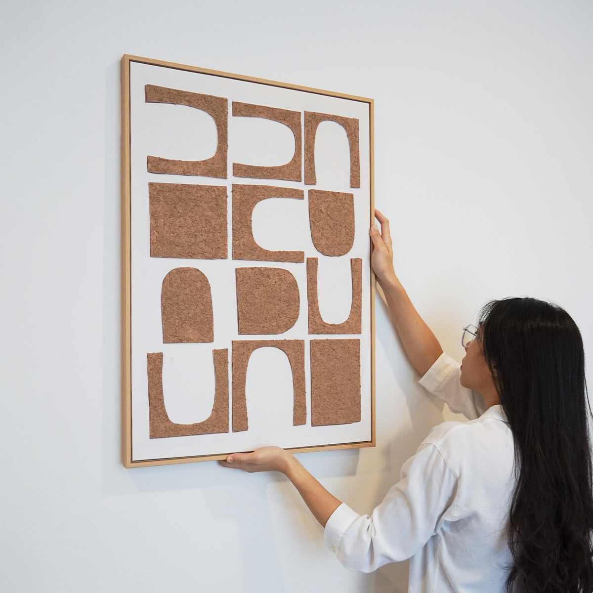 woman hanging Abstract textured wall art affordable oil painting brown shapes portrait