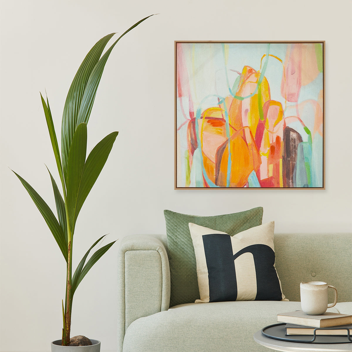 Abstract textured wall art affordable oil painting framed colourful summer yellow square in living room