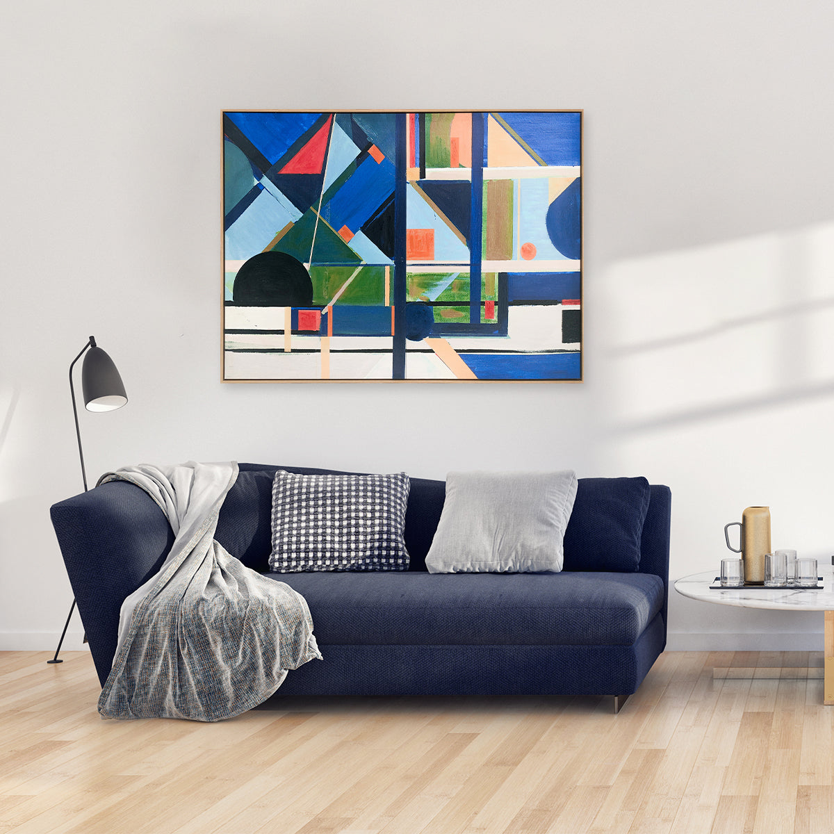 Abstract textured wall art affordable oil painting framed colourful blue city landscape in living room