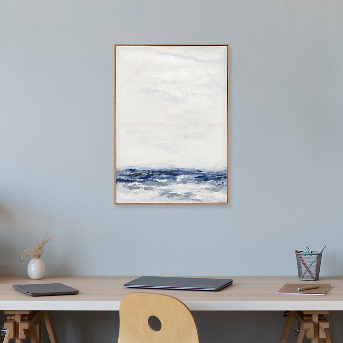 Abstract textured wall art affordable oil painting framed white and blue sea portrait in study room office