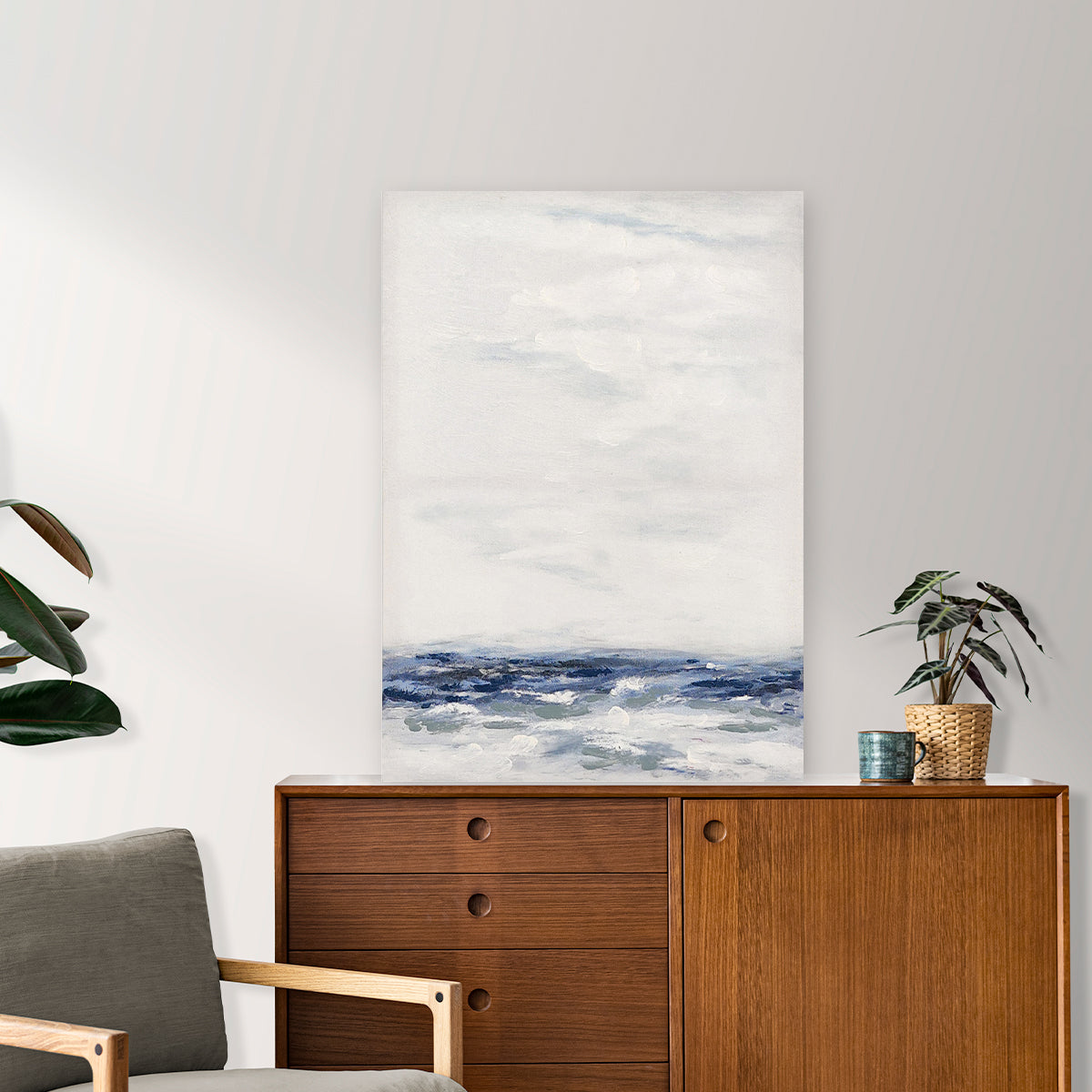 Abstract textured wall art affordable oil painting unframed white and blue sea portrait in living room