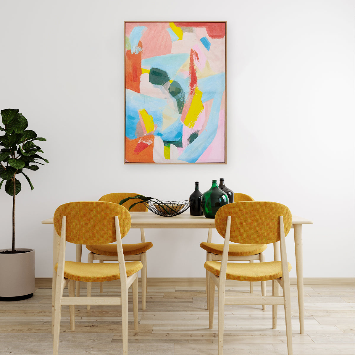 Abstract textured wall art affordable oil painting framed colourful summer pink portrait in living room