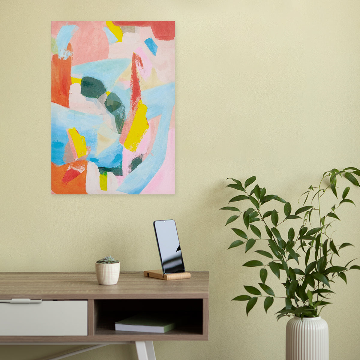 Abstract textured wall art affordable oil painting unframed colourful summer pink portrait in living room