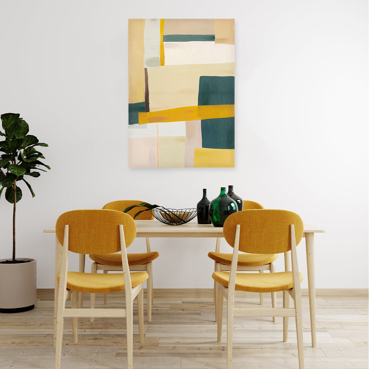 Abstract textured wall art affordable oil painting unframed colourful green and yellow portrait in dining room