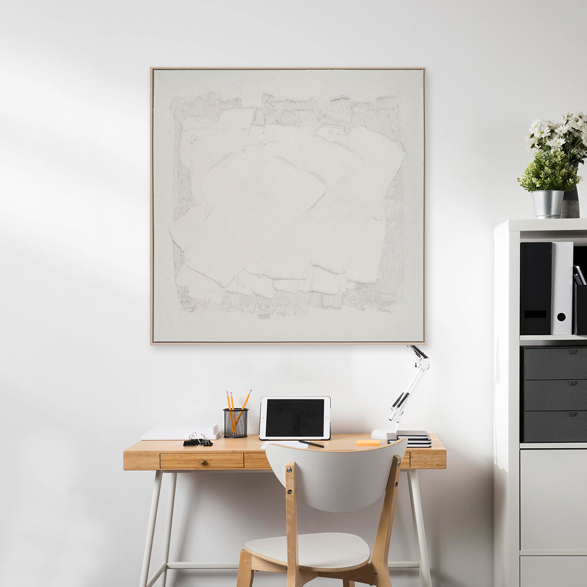 Abstract textured wall art affordable oil painting framed white concrete square large in study room office