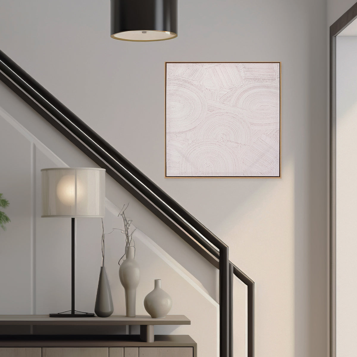 Abstract textured wall art affordable oil painting framed white zen square in home entryway staircase