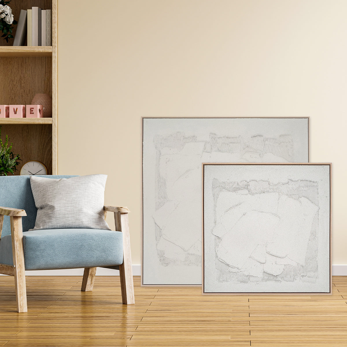 Abstract textured wall art affordable oil painting framed white concrete square in two sizes 