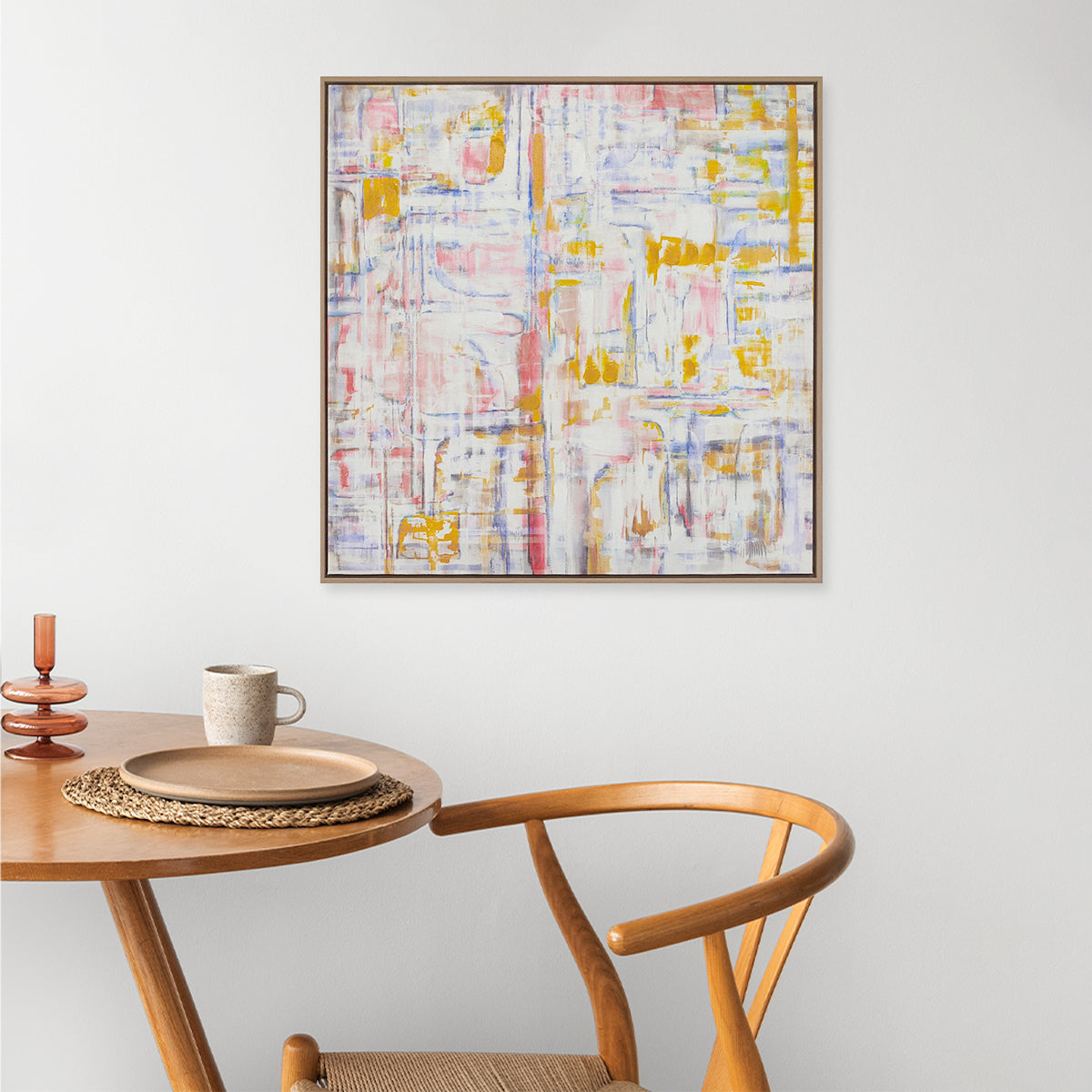 Abstract textured wall art affordable oil painting framed colourful square in dining room