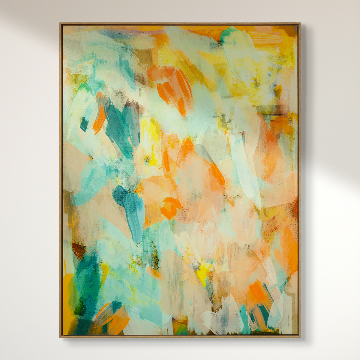 summer fields abstract blue green orange yellow turquoise happy summer colours oil painting with wooden frame