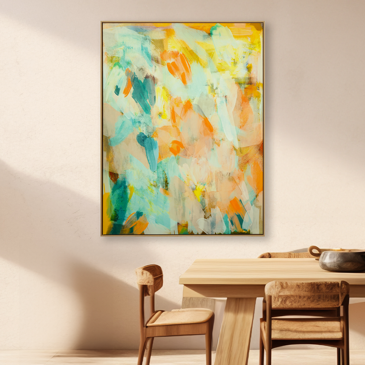 summer fields abstract blue green orange yellow turquoise happy summer colours oil painting with wooden frame in japandi neutral dining room