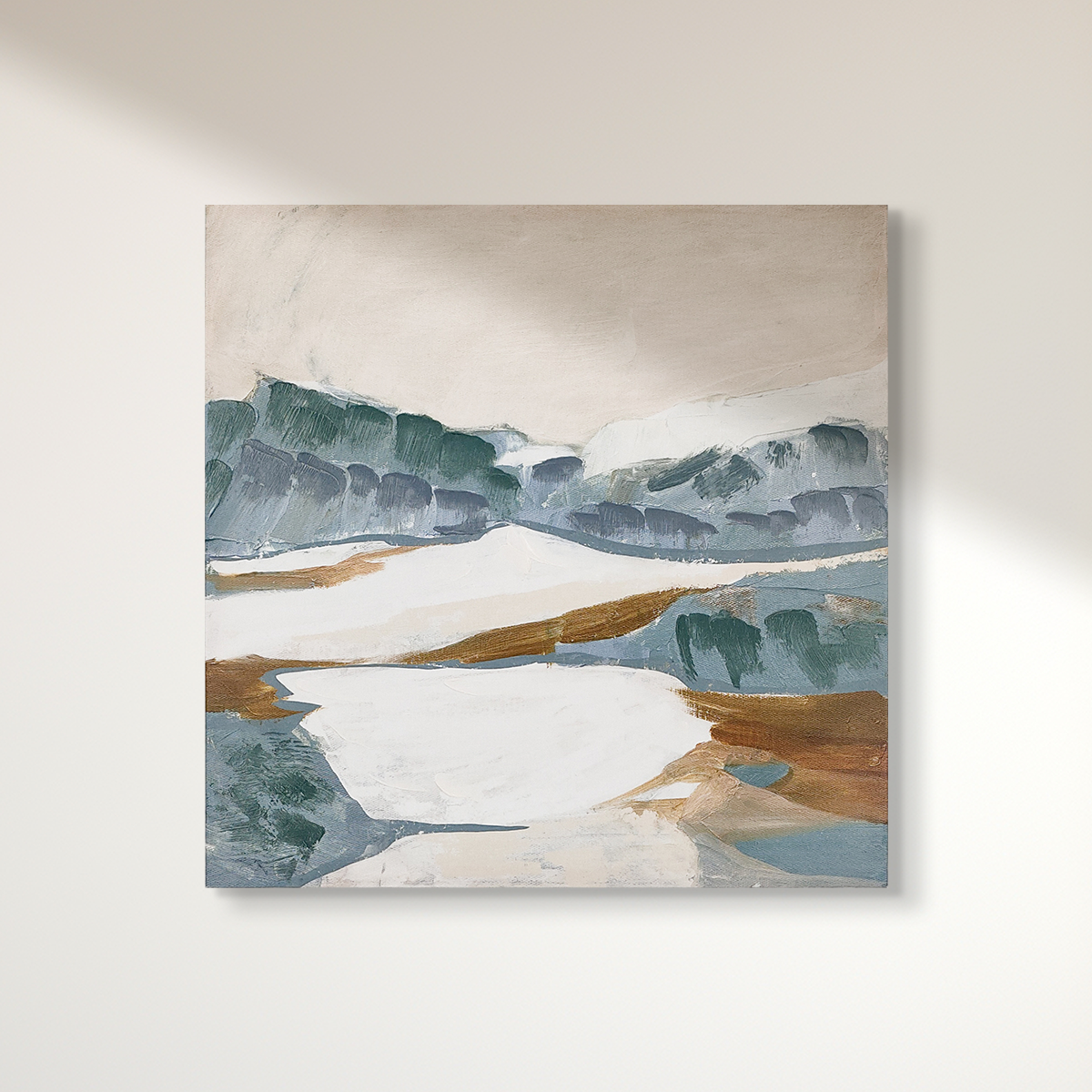 Abstract textured wall art affordable oil painting mountain blue square on stretched canvas