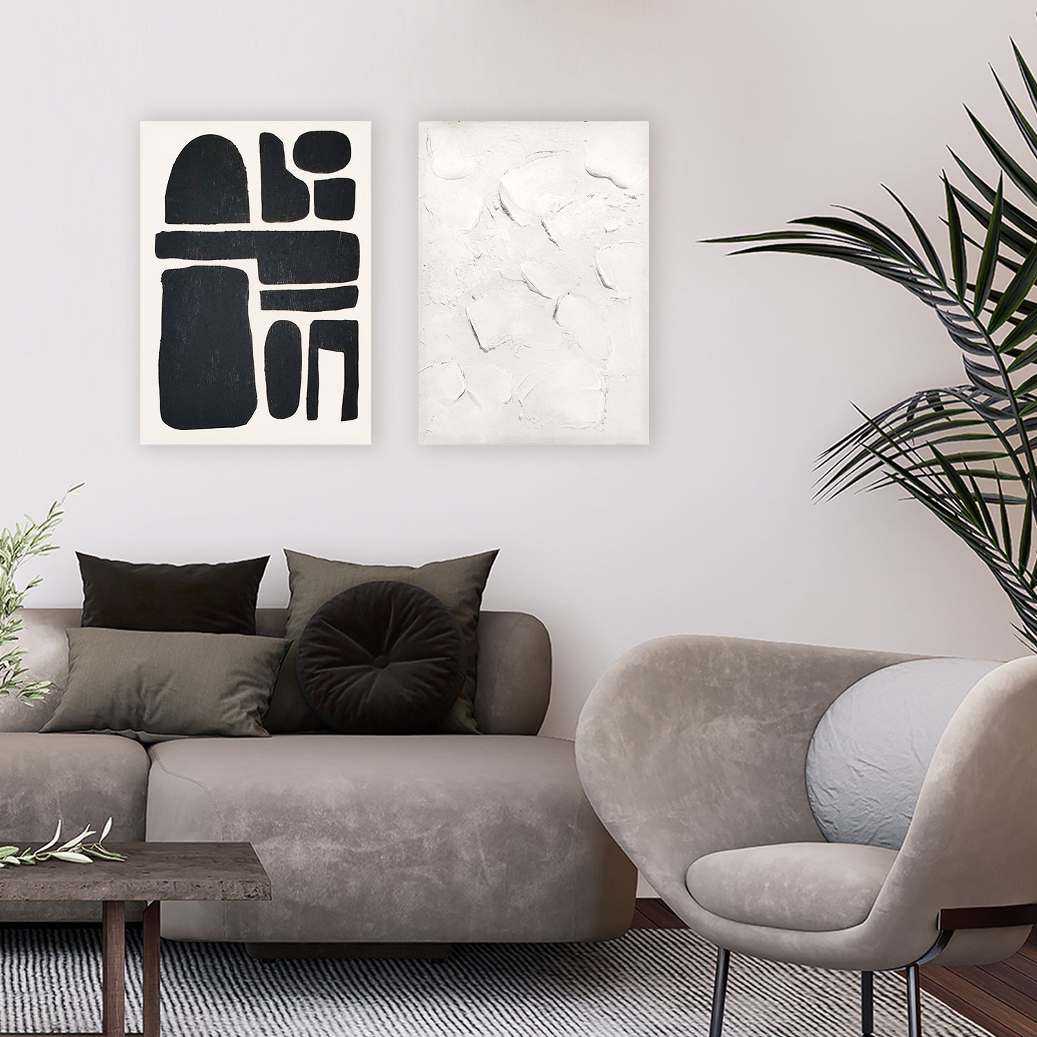 two abstract textured wall art affordable oil painting unframed white and black portrait in living room