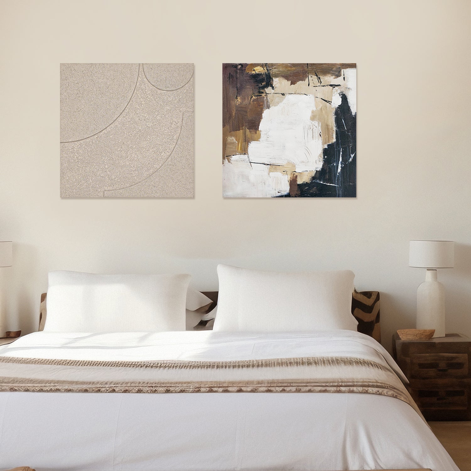 two abstract textured wall art affordable oil painting unframed off white zen brown square in bedroom