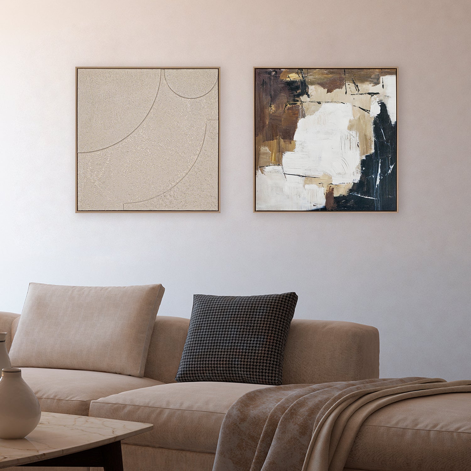 two abstract textured wall art affordable oil painting framed off white zen brown square in living room