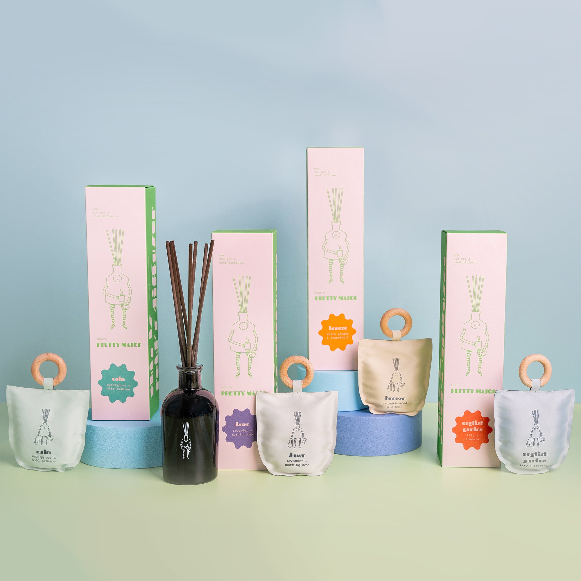 Pretty Major Home Fragrance range all reed diffusers and scented sachets