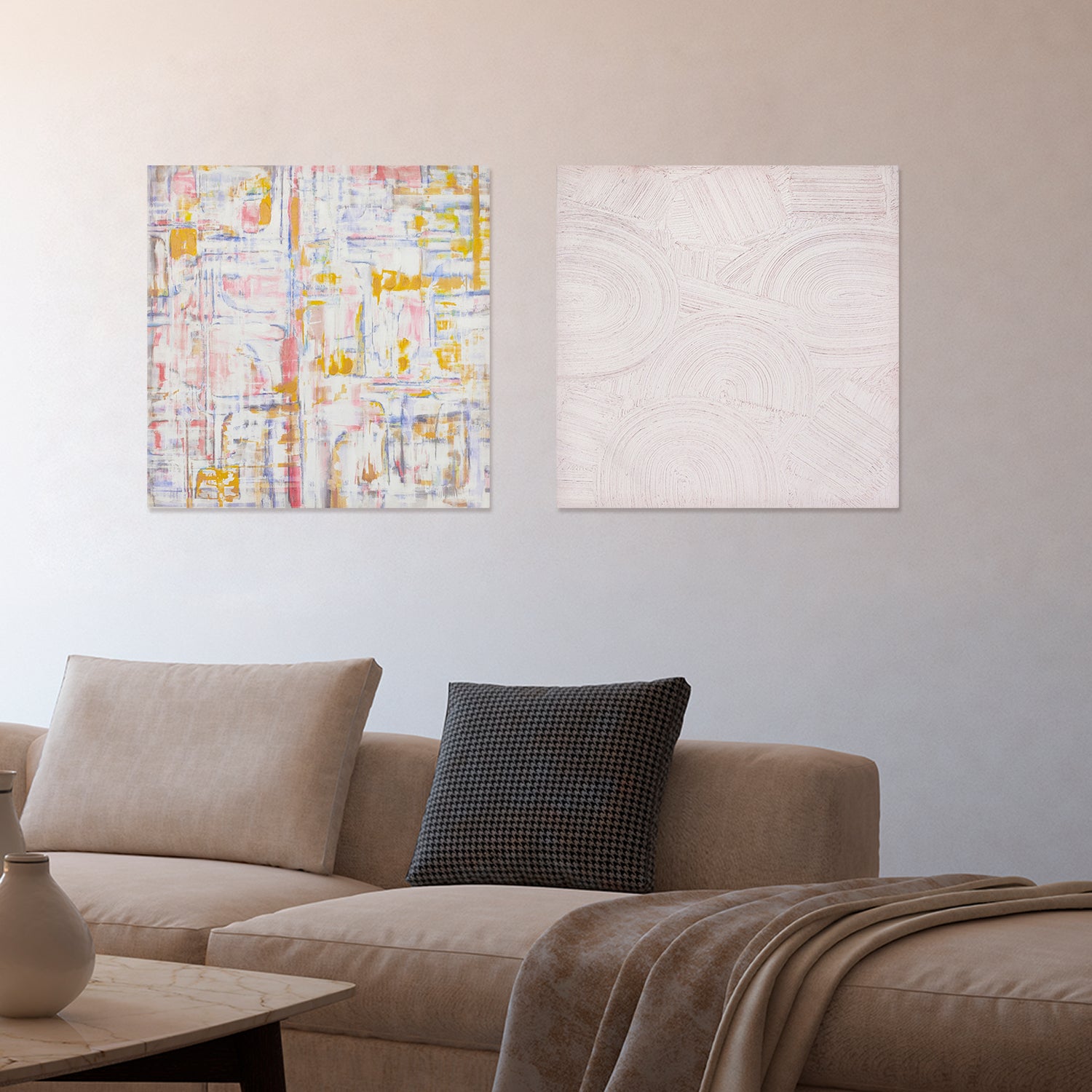 two abstract textured wall art affordable oil painting unframed off white zen colourful square in living room