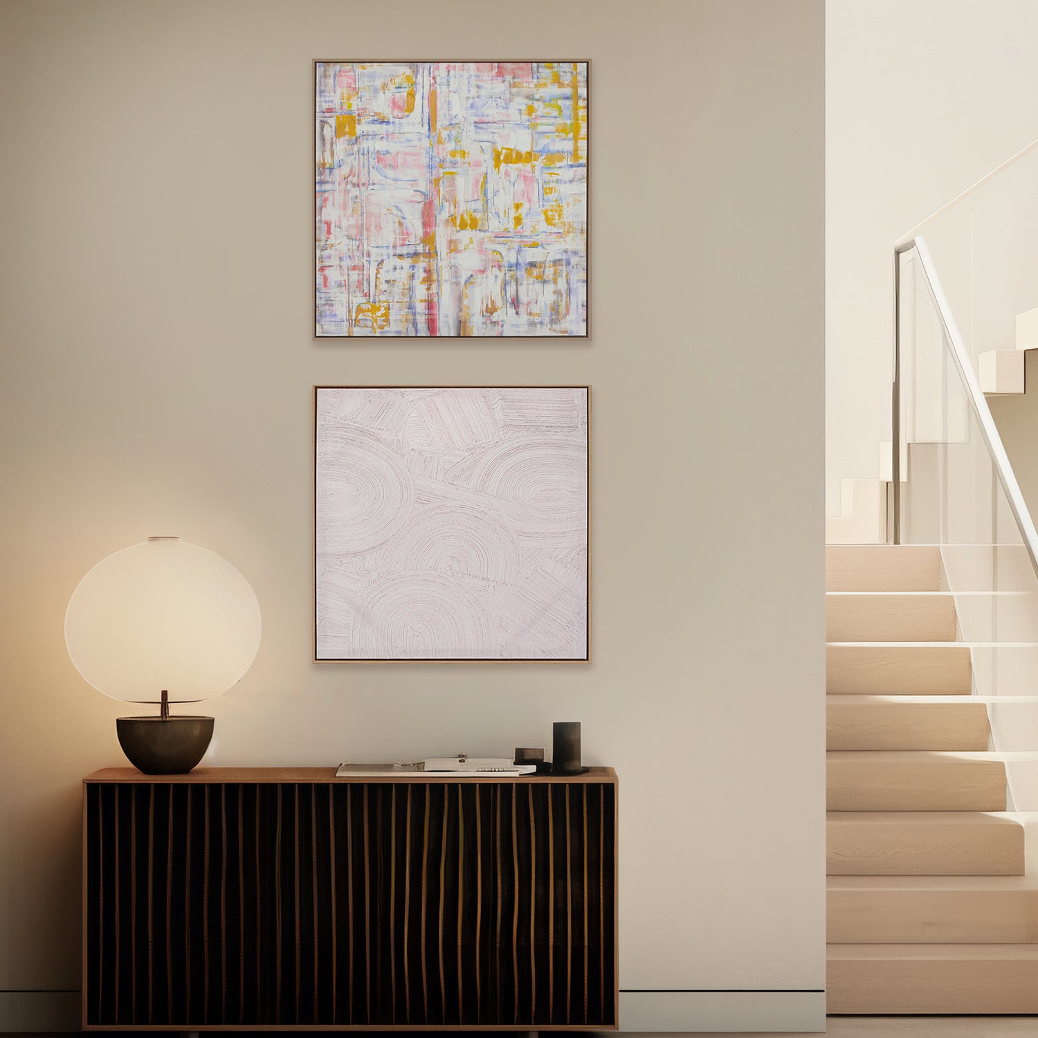 two abstract textured wall art affordable oil painting framed off white zen colourful square in living room staircase hallway