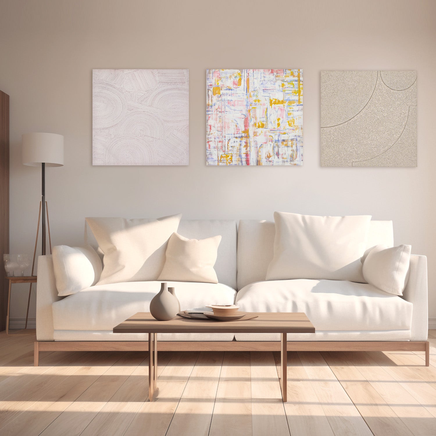three abstract textured wall art affordable oil painting unframed off white zen colourful square in living room
