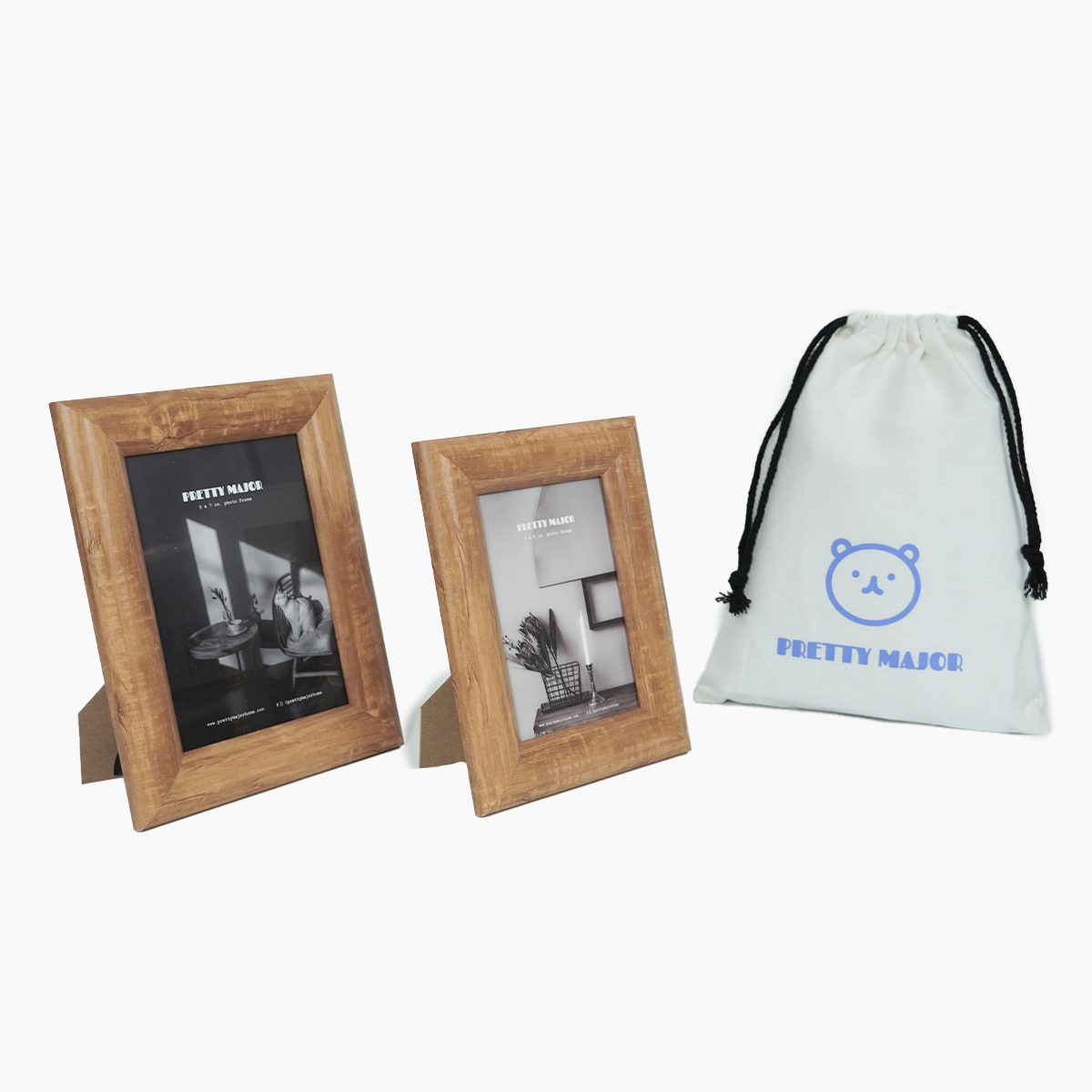 natural pine wood thick border photo frames for 4r and 5r photos gift set with canvas bag