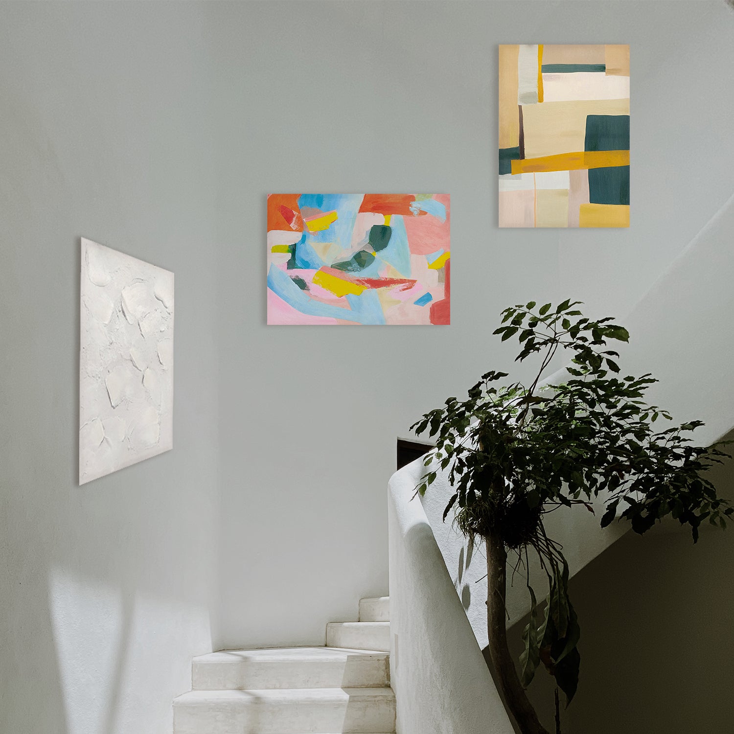 three abstract textured wall art affordable oil painting unframed colourful portrait in home staircase hallway