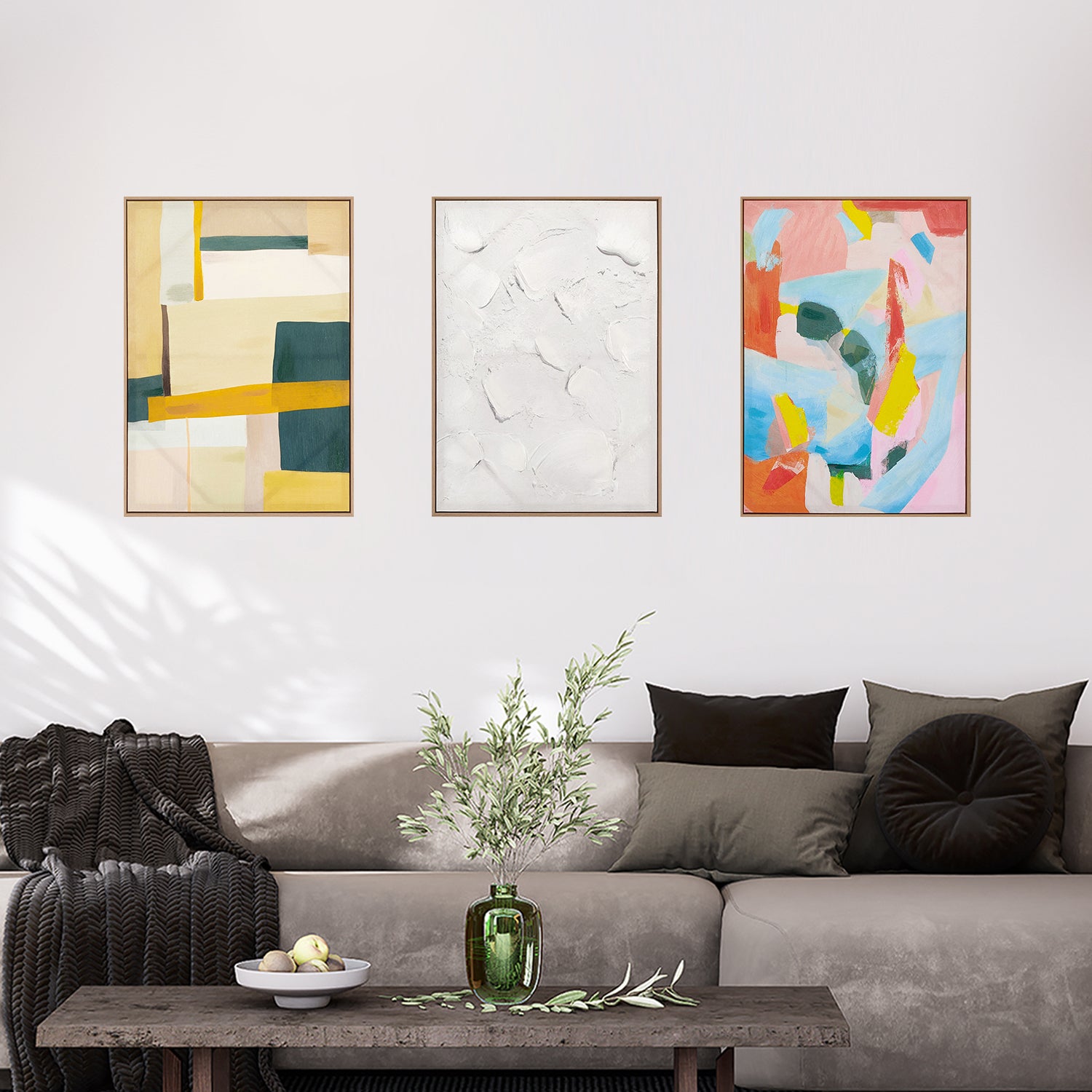 three abstract textured wall art affordable oil painting framed colourful portrait in living room