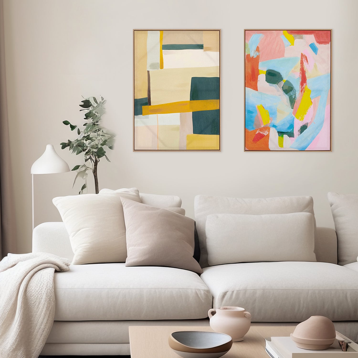 two abstract textured wall art affordable oil painting framed colourful portrait in living room