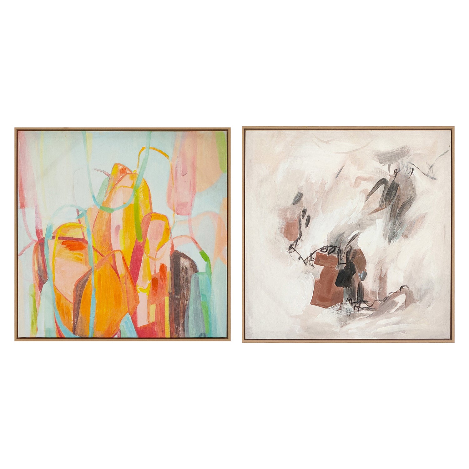two abstract textured wall art affordable oil painting framed dreamy colourful and brown square