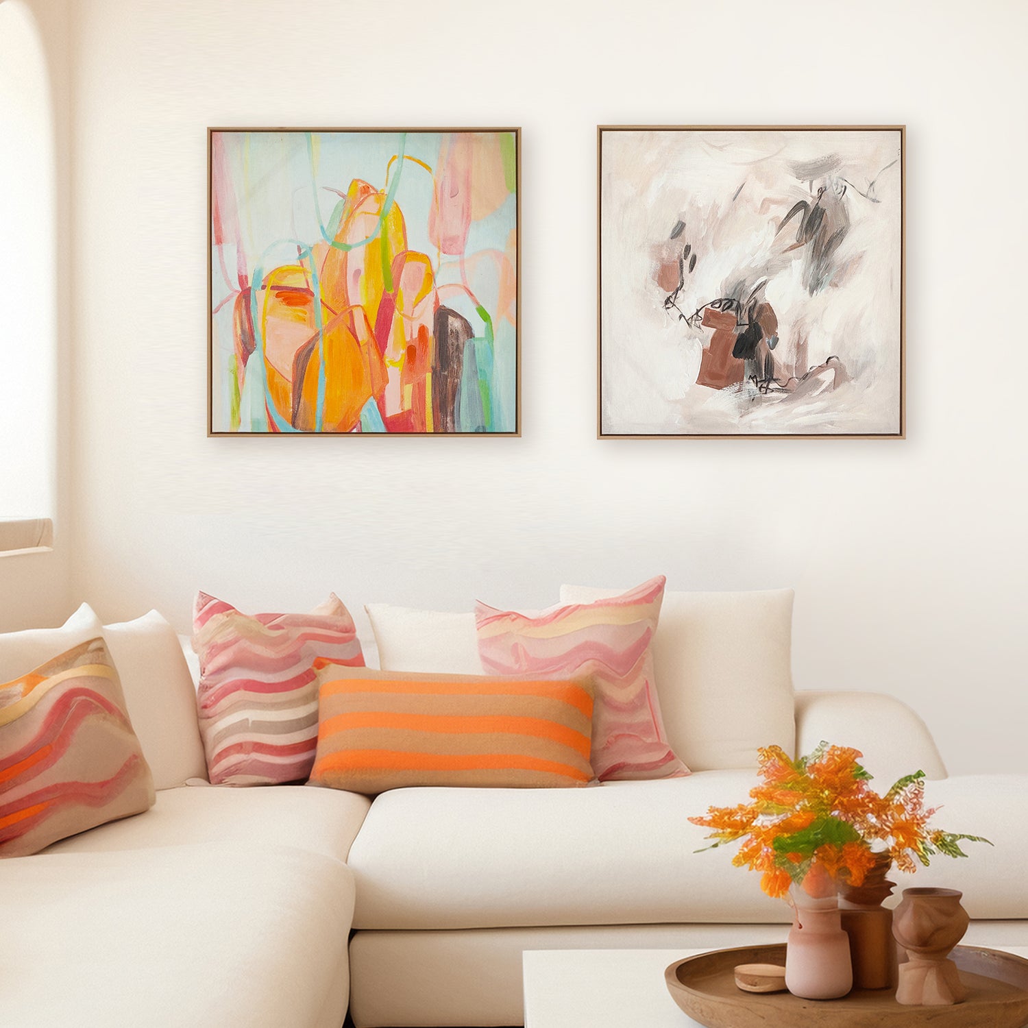 two abstract textured wall art affordable oil painting framed dreamy colourful and brown square in living room
