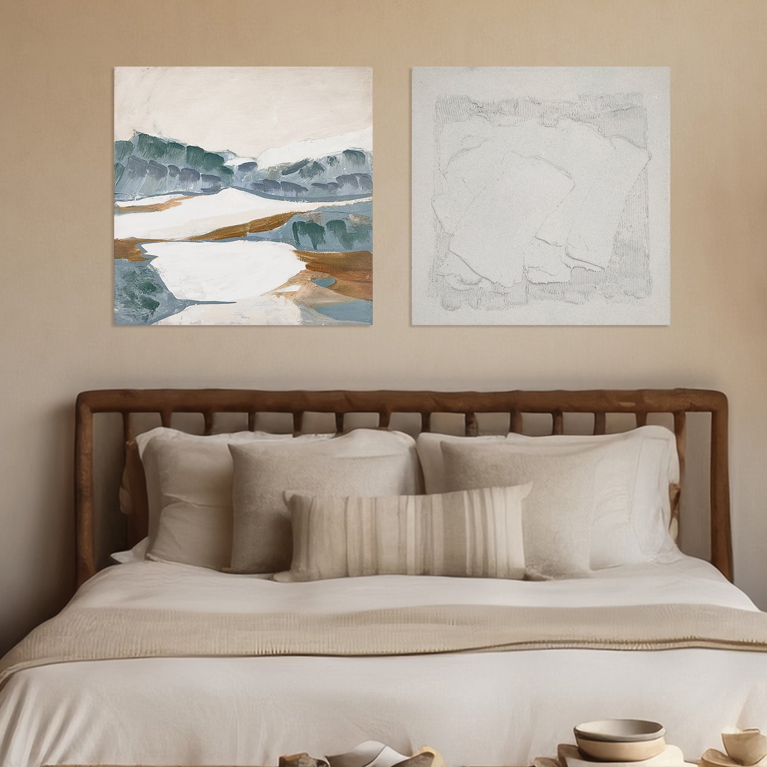two abstract textured wall art affordable oil painting unframed off white zen mountain blue square in bedroom