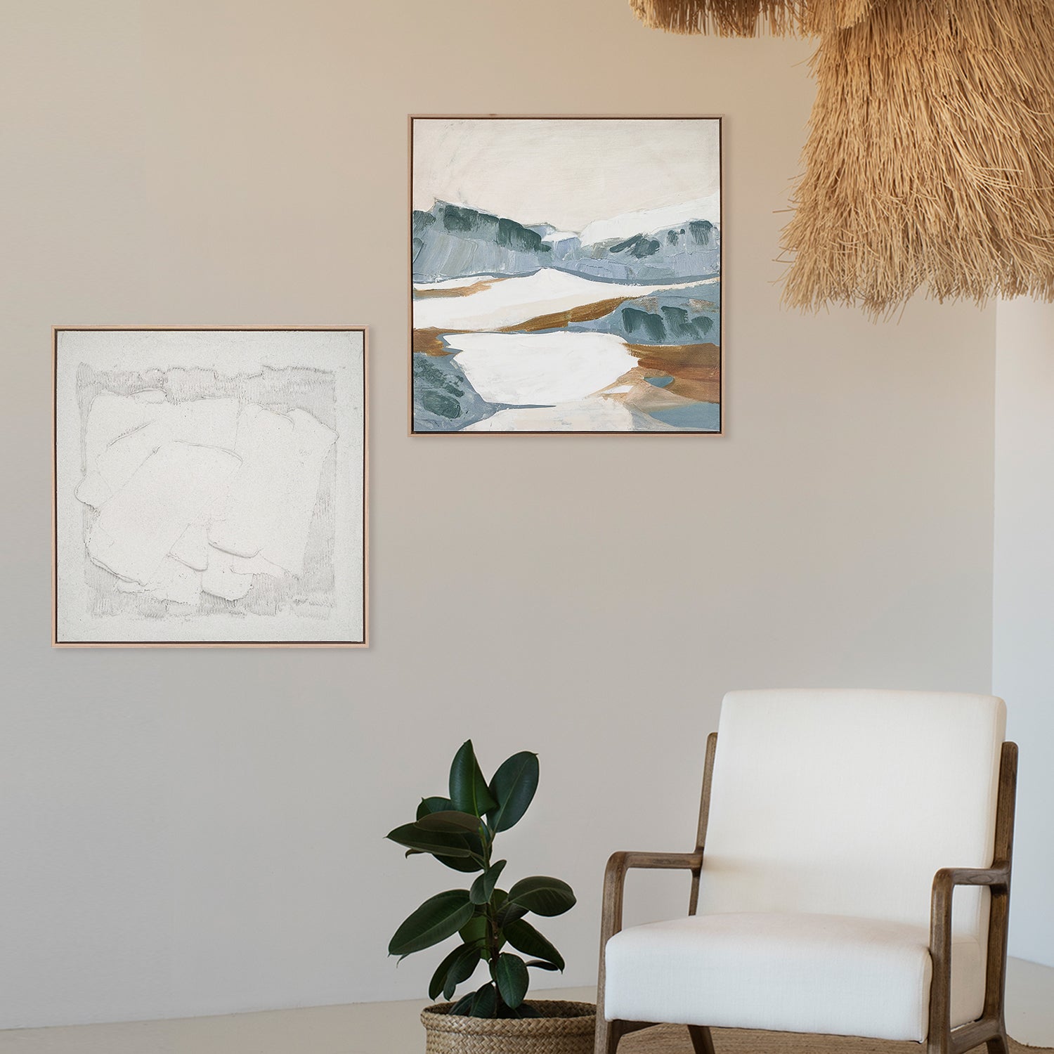 two abstract textured wall art affordable oil painting framed off white zen mountain blue square in living room