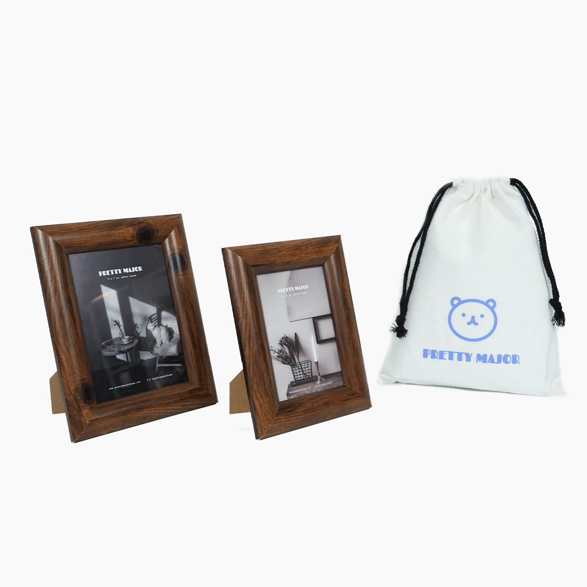 walnut wood thick border photo frames for 4r and 5r photos gift set with canvas bag
