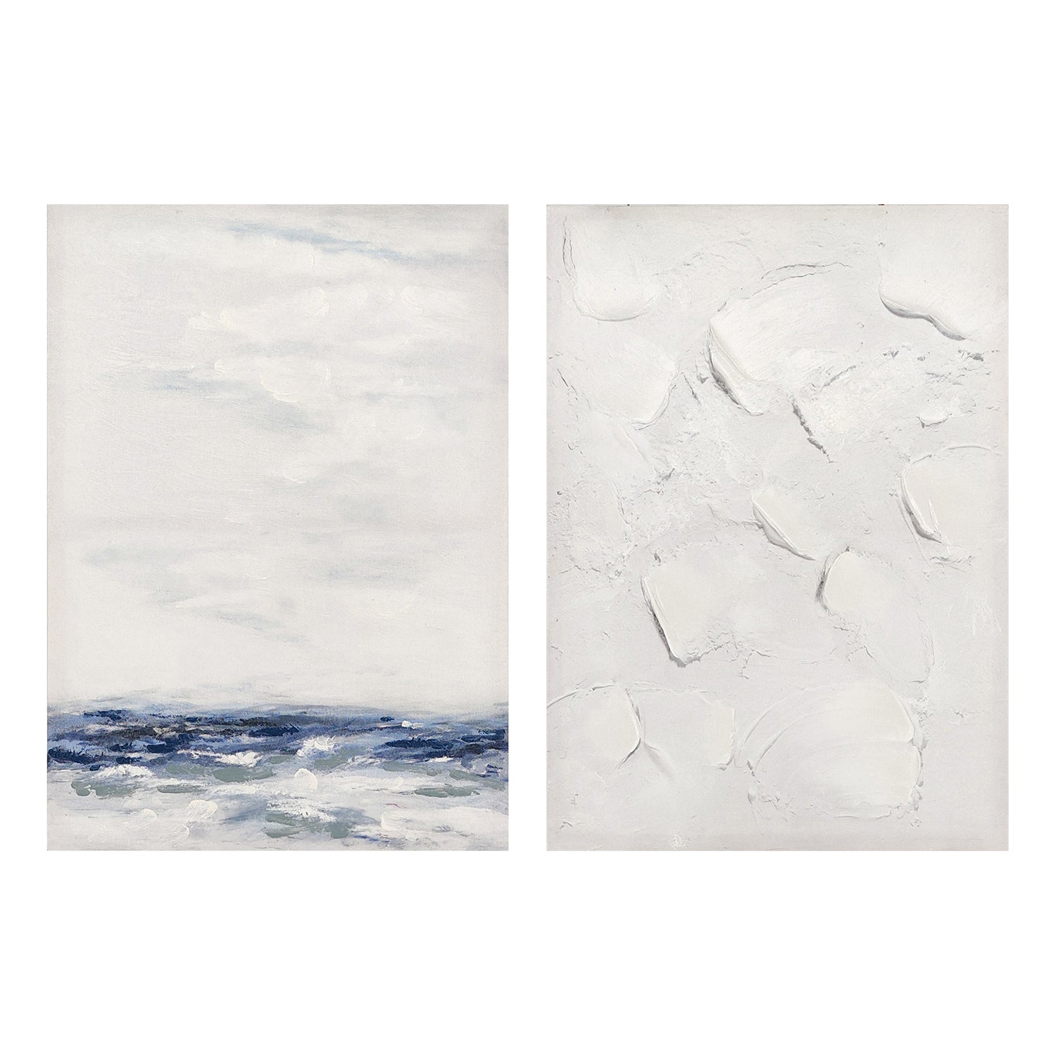 two abstract textured wall art affordable oil painting unframed white and blue sea portrait