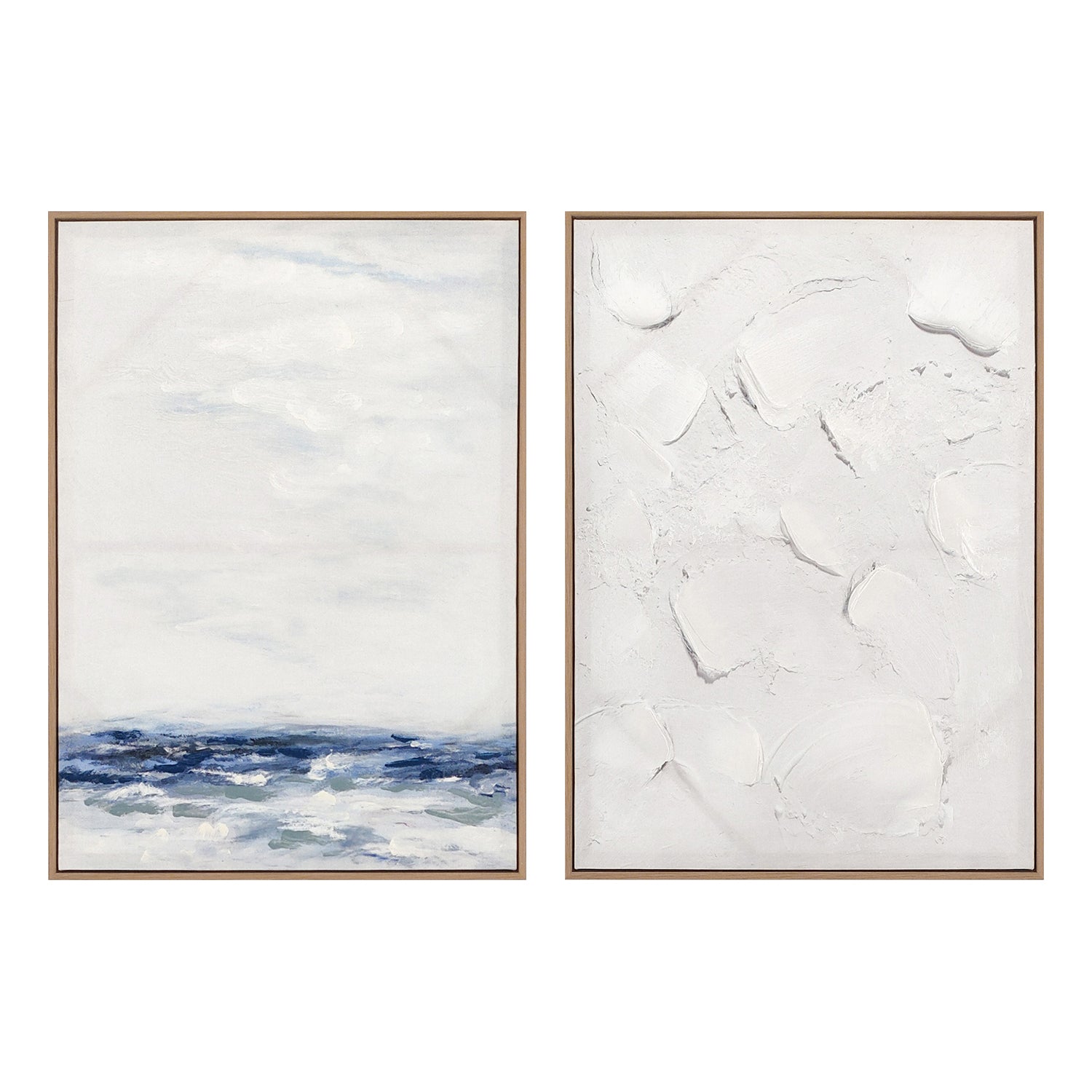 two abstract textured wall art affordable oil painting framed white and blue sea portrait