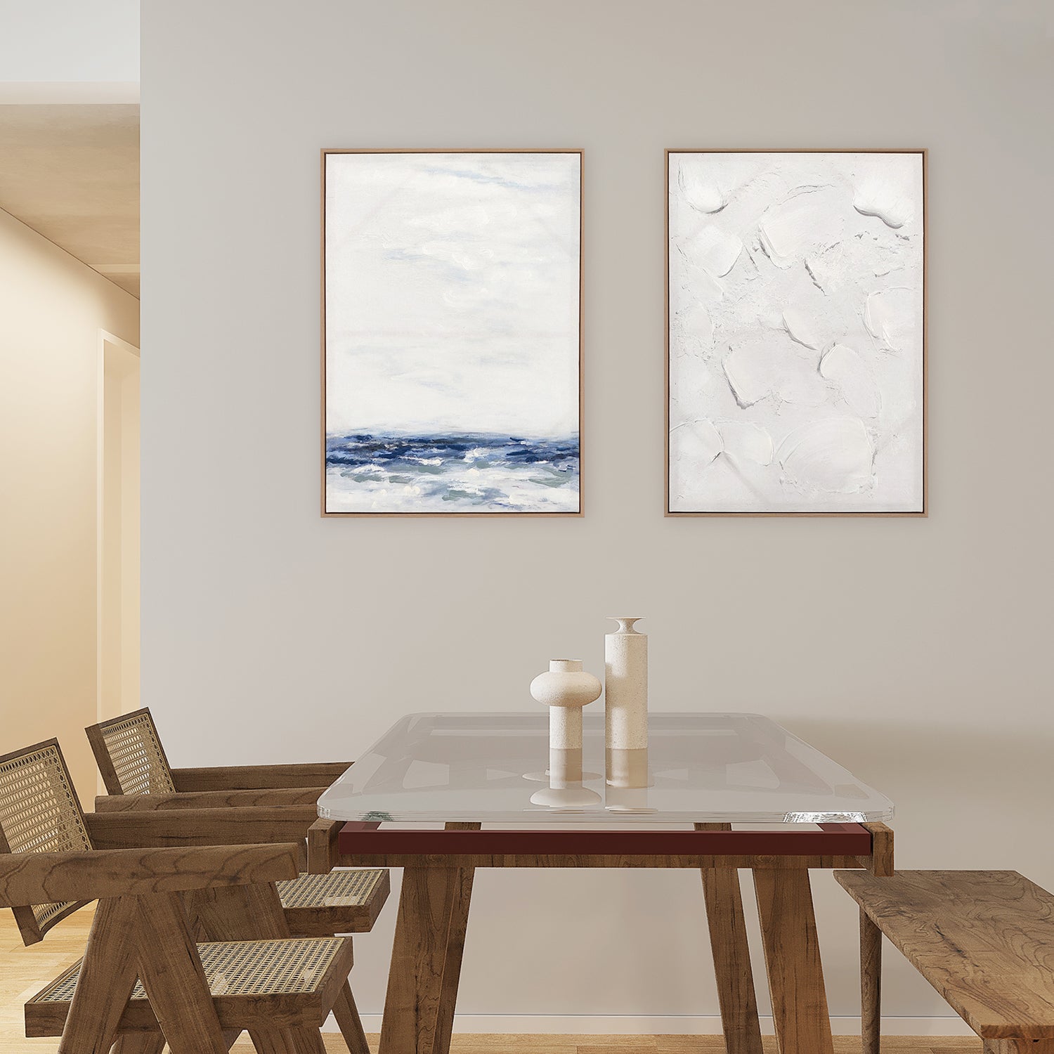 two abstract textured wall art affordable oil painting framed white and blue sea portrait in dining room